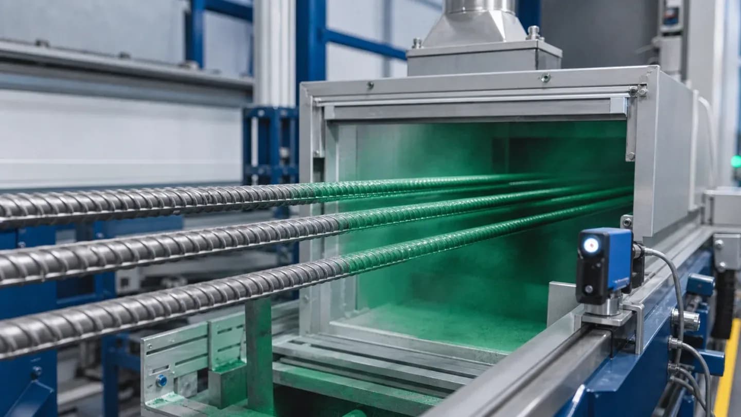 Green fusion-bonded epoxy coated reinforcing bars passing... Green fusion-bonded epoxy coated reinforcing bars passing through an industrial powder coating line
